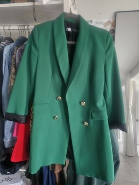 Zara Green Double-Breasted Blazer with Gold Buttons